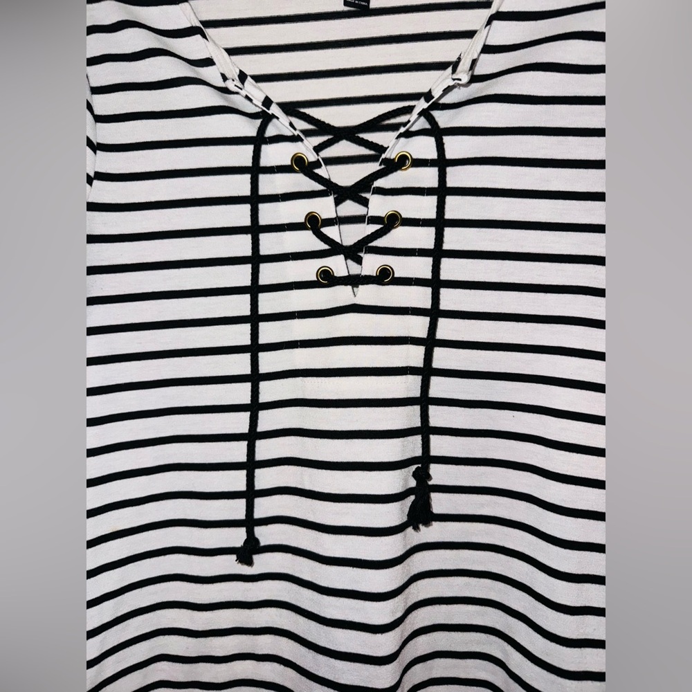 Versatile Black and White Striped Lace Up Top